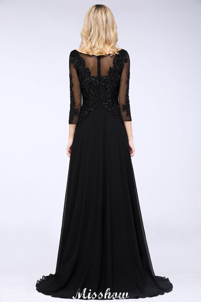 Robe de demoiselle d'honneur noire à perles, manches trois quarts, appliques en ligne trapézoïdale, robe de fête en tulle