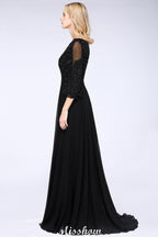 Robe de demoiselle d'honneur noire à perles, manches trois quarts, appliques en ligne trapézoïdale, robe de fête en tulle