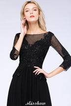 Robe de demoiselle d'honneur noire à perles, manches trois quarts, appliques en ligne trapézoïdale, robe de fête en tulle