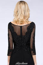 Robe de demoiselle d'honneur noire à perles, manches trois quarts, appliques en ligne trapézoïdale, robe de fête en tulle