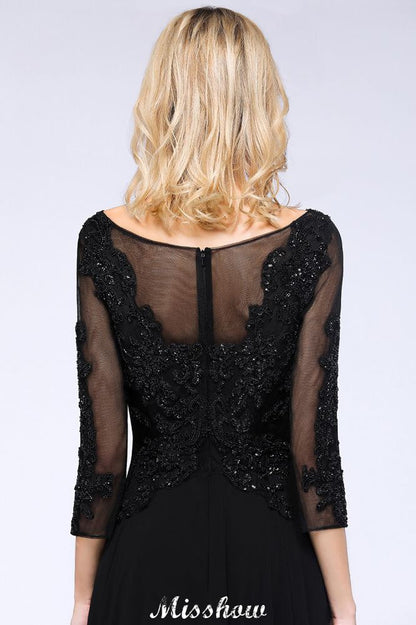 Vestido de fiesta de tul negro con mangas 3/4, cuentas, corte A y apliques para dama de honor