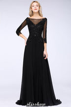 Robe de demoiselle d'honneur noire à perles, manches trois quarts, appliques en ligne trapézoïdale, robe de fête en tulle