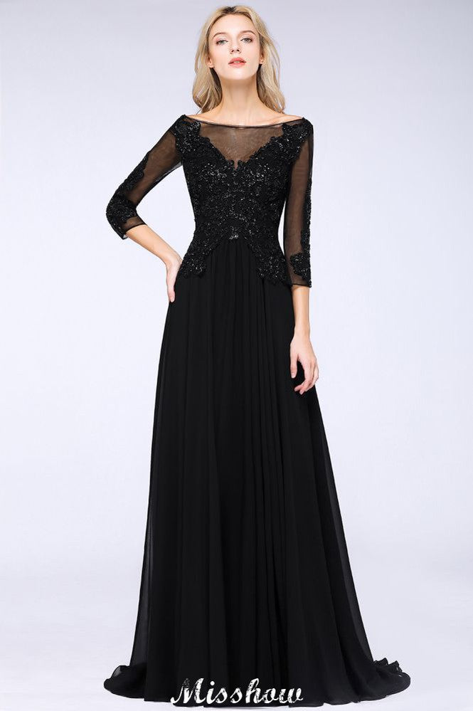 Robe de demoiselle d'honneur noire à perles, manches trois quarts, appliques en ligne trapézoïdale, robe de fête en tulle