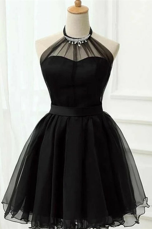 Schwarzes A-Linien-Tüll-Neckholder-ärmelloses kurzes Ballkleid
