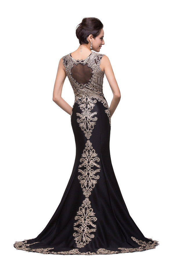 Robes de bal sirène noires à manches longues avec appliqué