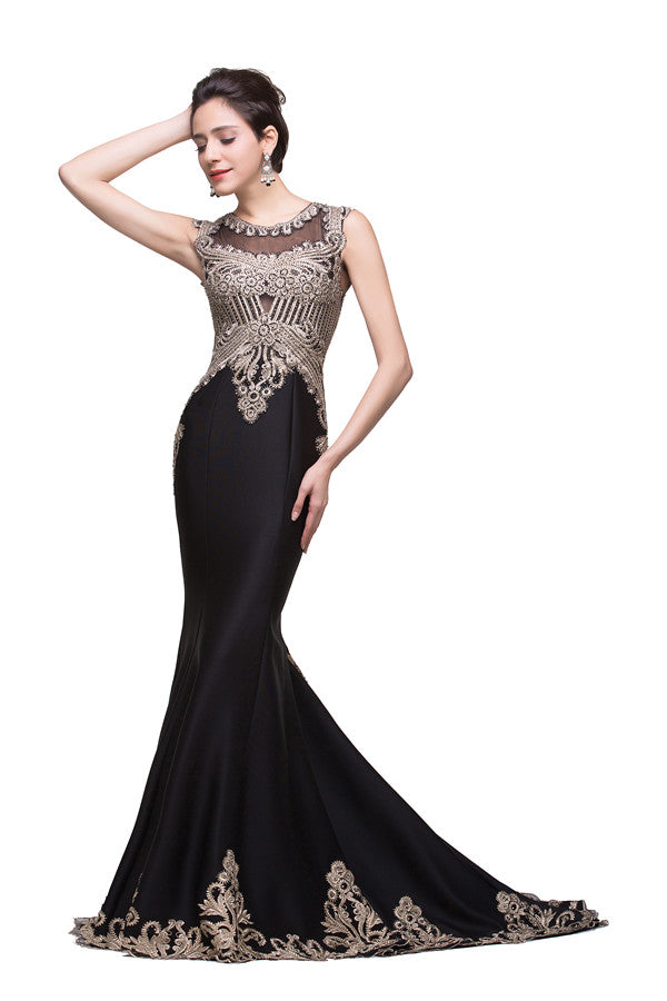 Robes de bal sirène noires à manches longues avec appliqué