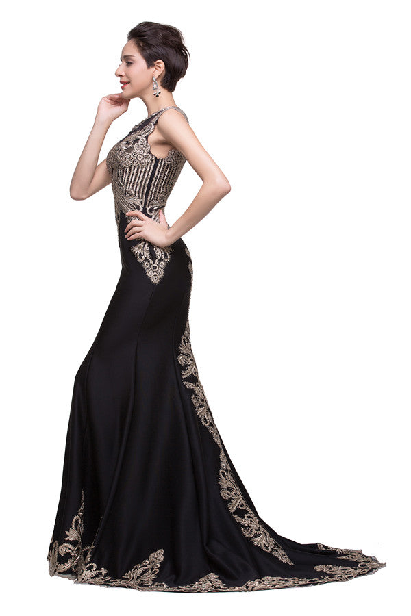 Robes de bal sirène noires à manches longues avec appliqué