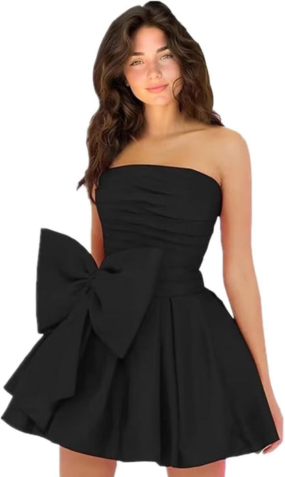 Vestidos de fiesta cortos y elegantes de corte A, sin mangas, sin tirantes, fruncidos, con cordones y lazo