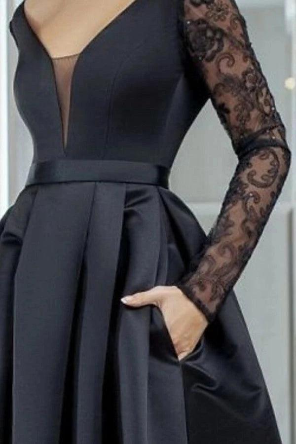 Black Lace Long Sleeve High Low Satin Evening Gown With Pockets