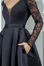 Black Lace Long Sleeve High Low Satin Evening Gown With Pockets