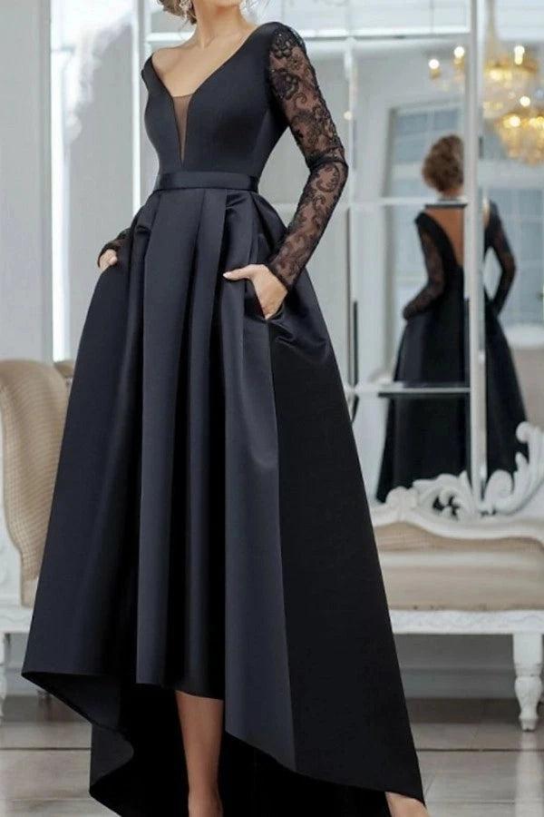 Black Lace Long Sleeve High Low Satin Evening Gown With Pockets