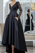 Black Lace Long Sleeve High Low Satin Evening Gown With Pockets