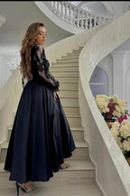 Black Lace Long Sleeve Sweetheart Tea Length Evening Gown