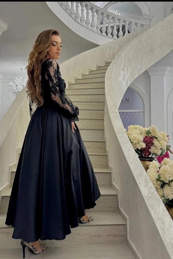 Black Lace Long Sleeve Sweetheart Tea Length Evening Gown