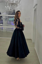 Black Lace Long Sleeve Sweetheart Tea Length Evening Gown