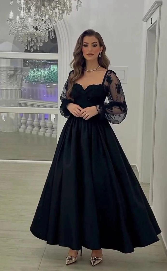 Black Lace Long Sleeve Sweetheart Tea Length Evening Gown