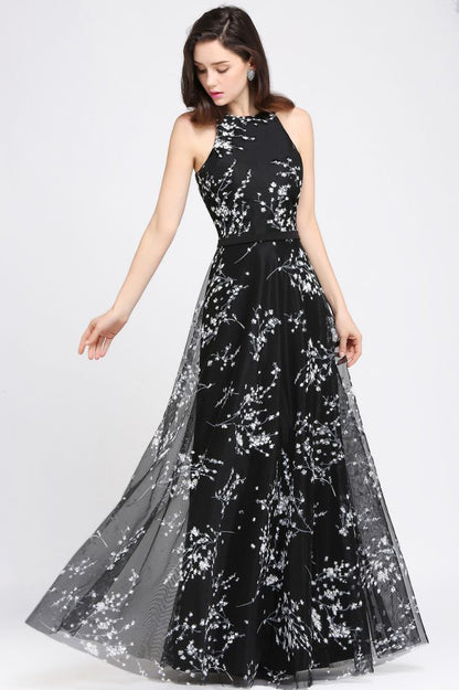 Vestidos de noche negros largos de corte A sin mangas