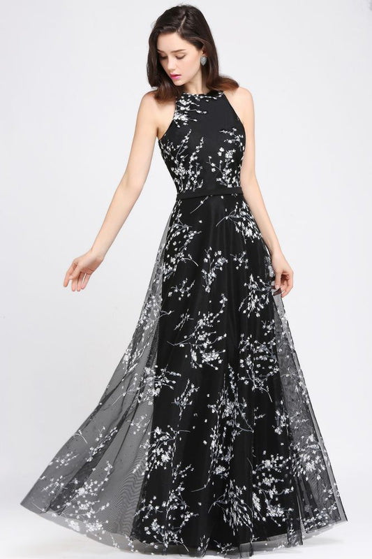 Vestidos de noche negros largos de corte A sin mangas
