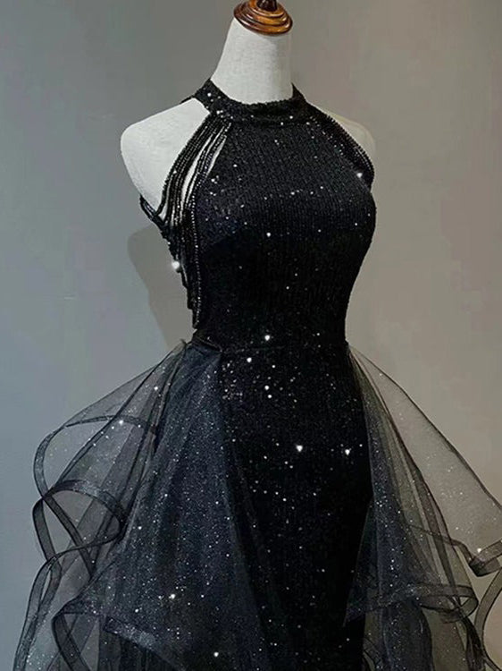 Schwarzes langes Meerjungfrau-Neckholder-Ballkleid mit Pailletten aus Tüll