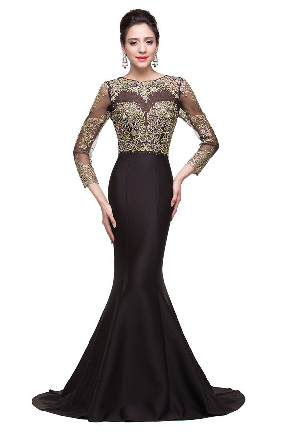 Robes de soirée formelles à encolure ronde et longueur balayage sirène noire