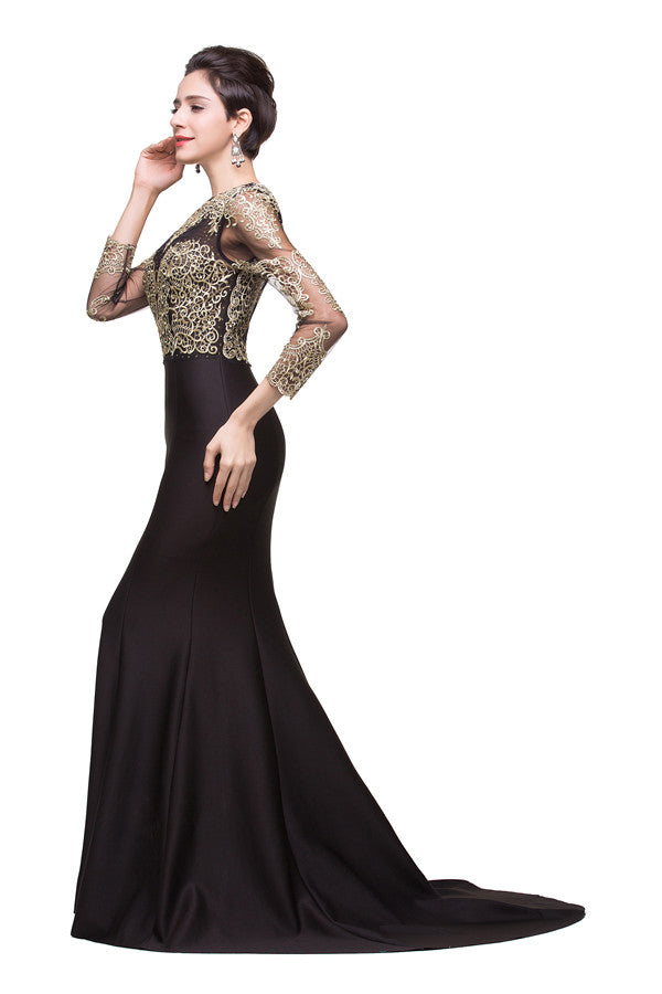 Robes de soirée formelles à encolure ronde et longueur balayage sirène noire