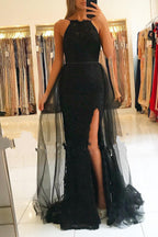 Schwarzes langes Ballkleid aus Tüllspitze im Meerjungfrauenstil mit Schlitz