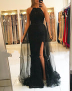 Schwarzes langes Ballkleid aus Tüllspitze im Meerjungfrauenstil mit Schlitz