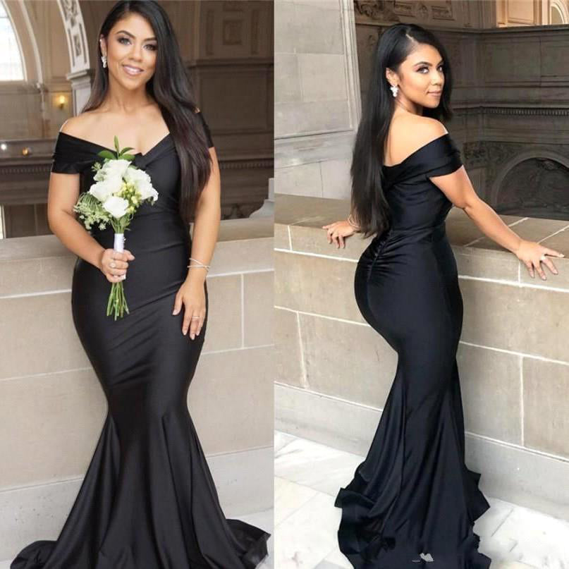 Robe de bal sirène noire, longue jusqu'au sol, décolletée aux épaules et dos nu