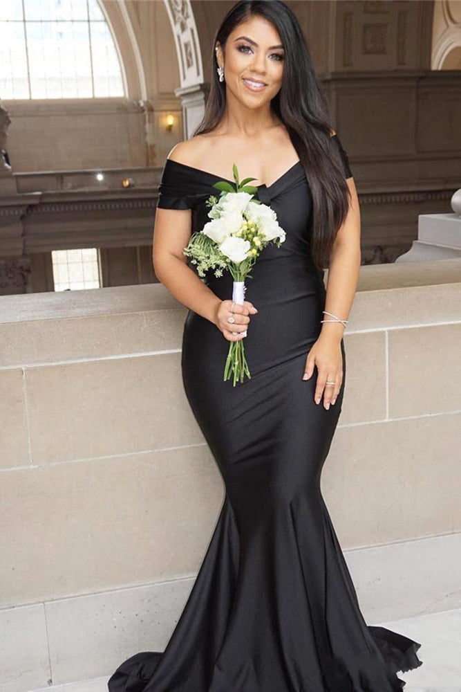 Robe de bal sirène noire, longue jusqu'au sol, décolletée aux épaules et dos nu
