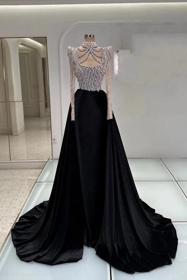 Black Satin Ball Gown High Neck Crystal Beaded Corset Cathedral Train Dress