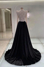Black Satin Ball Gown High Neck Crystal Beaded Corset Cathedral Train Dress