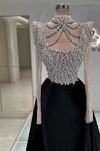 Black Satin Ball Gown High Neck Crystal Beaded Corset Cathedral Train Dress