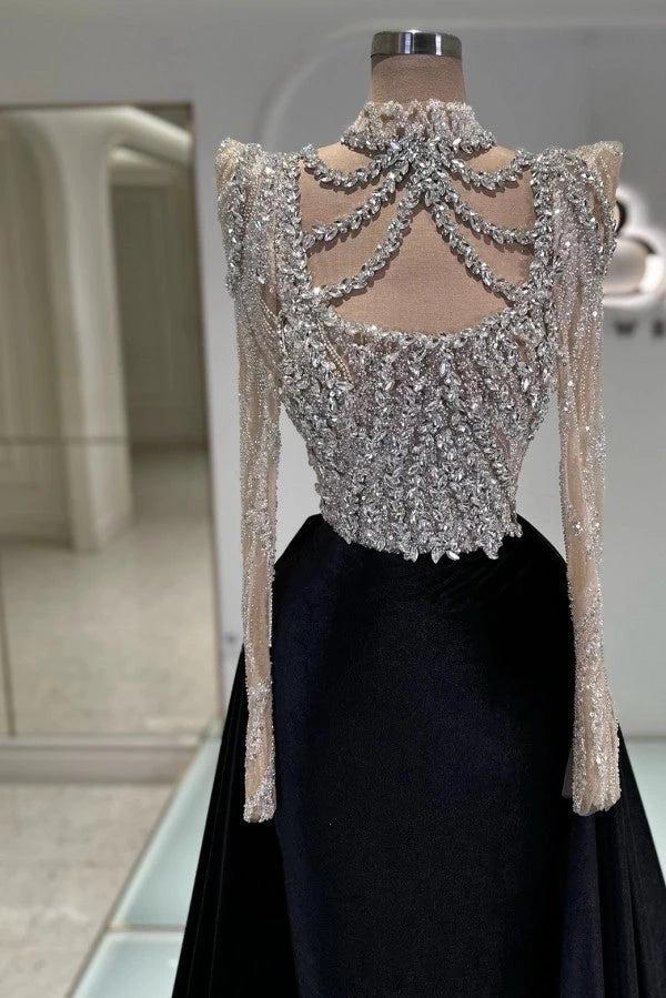Black Satin Ball Gown High Neck Crystal Beaded Corset Cathedral Train Dress