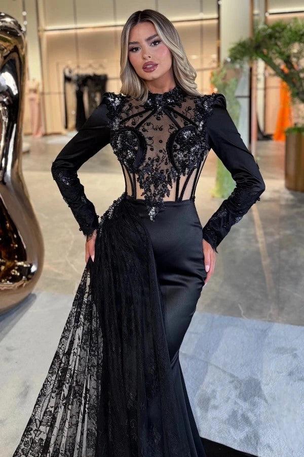 Black Satin Mermaid Evening Gown With Long Sleeves And Lace Cape Train