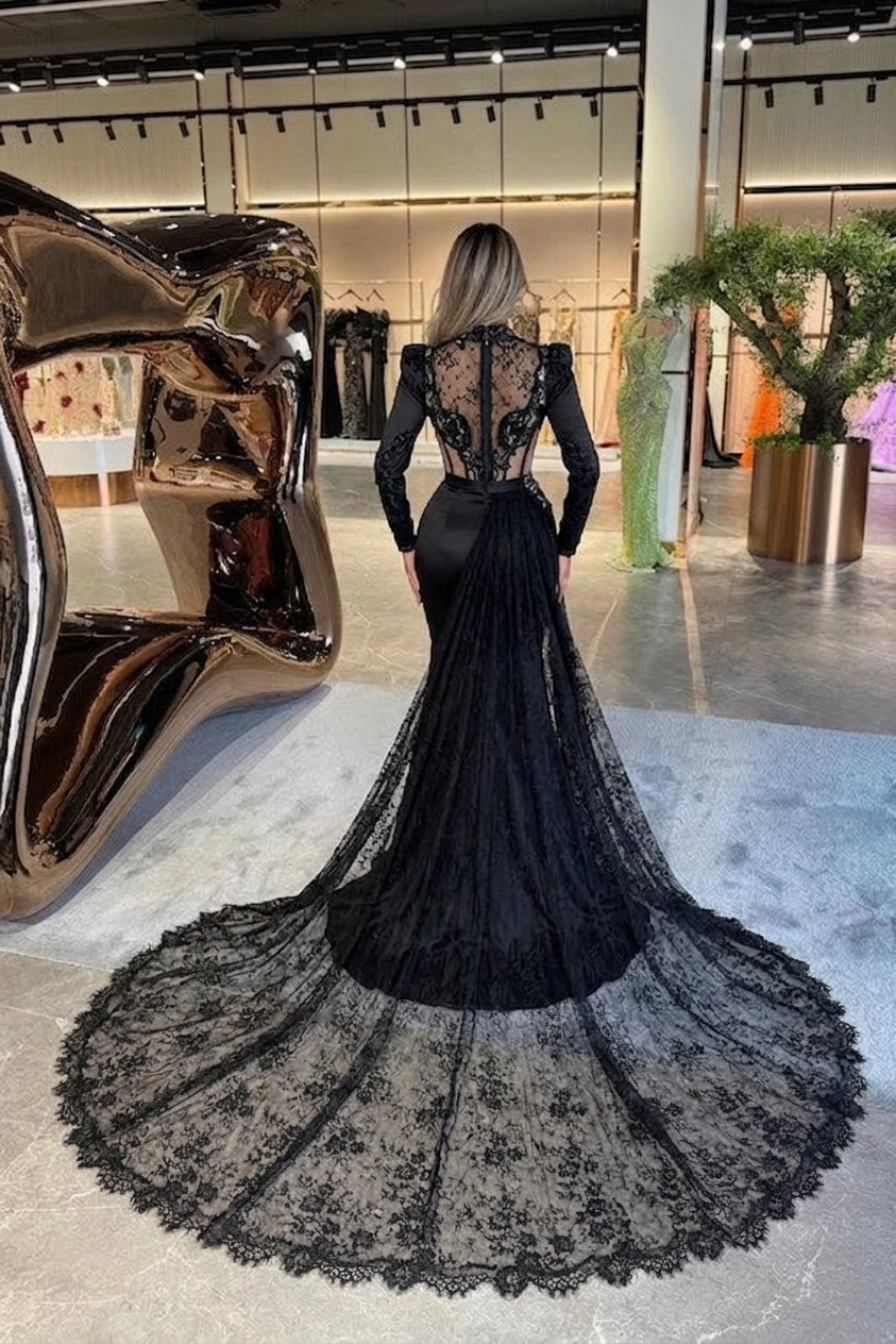 Black Satin Mermaid Evening Gown With Long Sleeves And Lace Cape Train