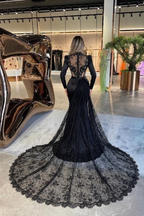 Black Satin Mermaid Evening Gown With Long Sleeves And Lace Cape Train