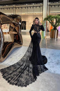 Black Satin Mermaid Evening Gown With Long Sleeves And Lace Cape Train