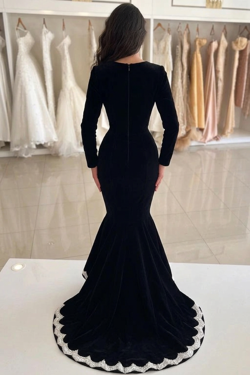 Black Velvet Mermaid Evening Gown Long Sleeve Deep V Neck Lace Trim