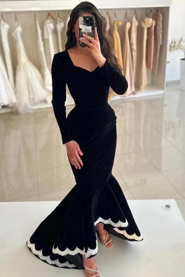 Black Velvet Mermaid Evening Gown Long Sleeve Deep V Neck Lace Trim