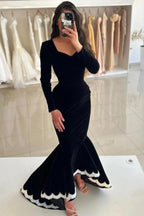 Black Velvet Mermaid Evening Gown Long Sleeve Deep V Neck Lace Trim