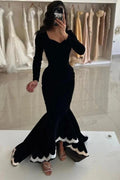 Black Velvet Mermaid Evening Gown Long Sleeve Deep V Neck Lace Trim