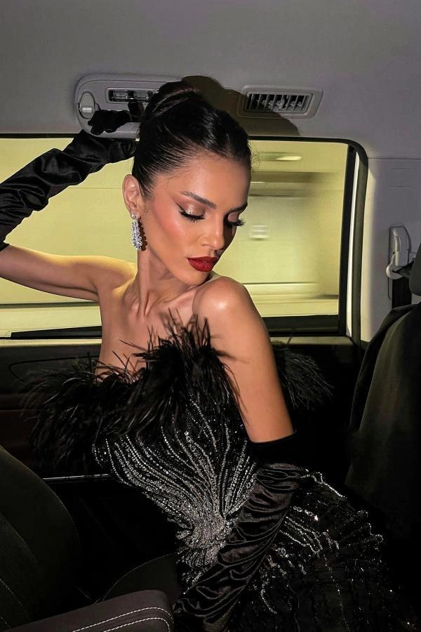 Black Velvet Mermaid Evening Gown With Off Shoulder Feather Trim