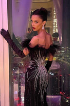 Black Velvet Mermaid Evening Gown With Off Shoulder Feather Trim
