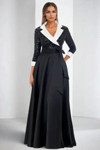 Black White Contrast Satin A Line Prom Dress With Sequin Bodice Pockets