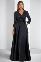 Black White Contrast Satin A Line Prom Dress With Sequin Bodice Pockets