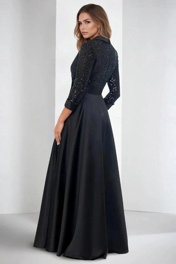 Black White Contrast Satin A Line Prom Dress With Sequin Bodice Pockets