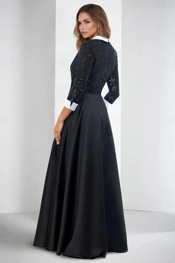 Black White Contrast Satin A Line Prom Dress With Sequin Bodice Pockets