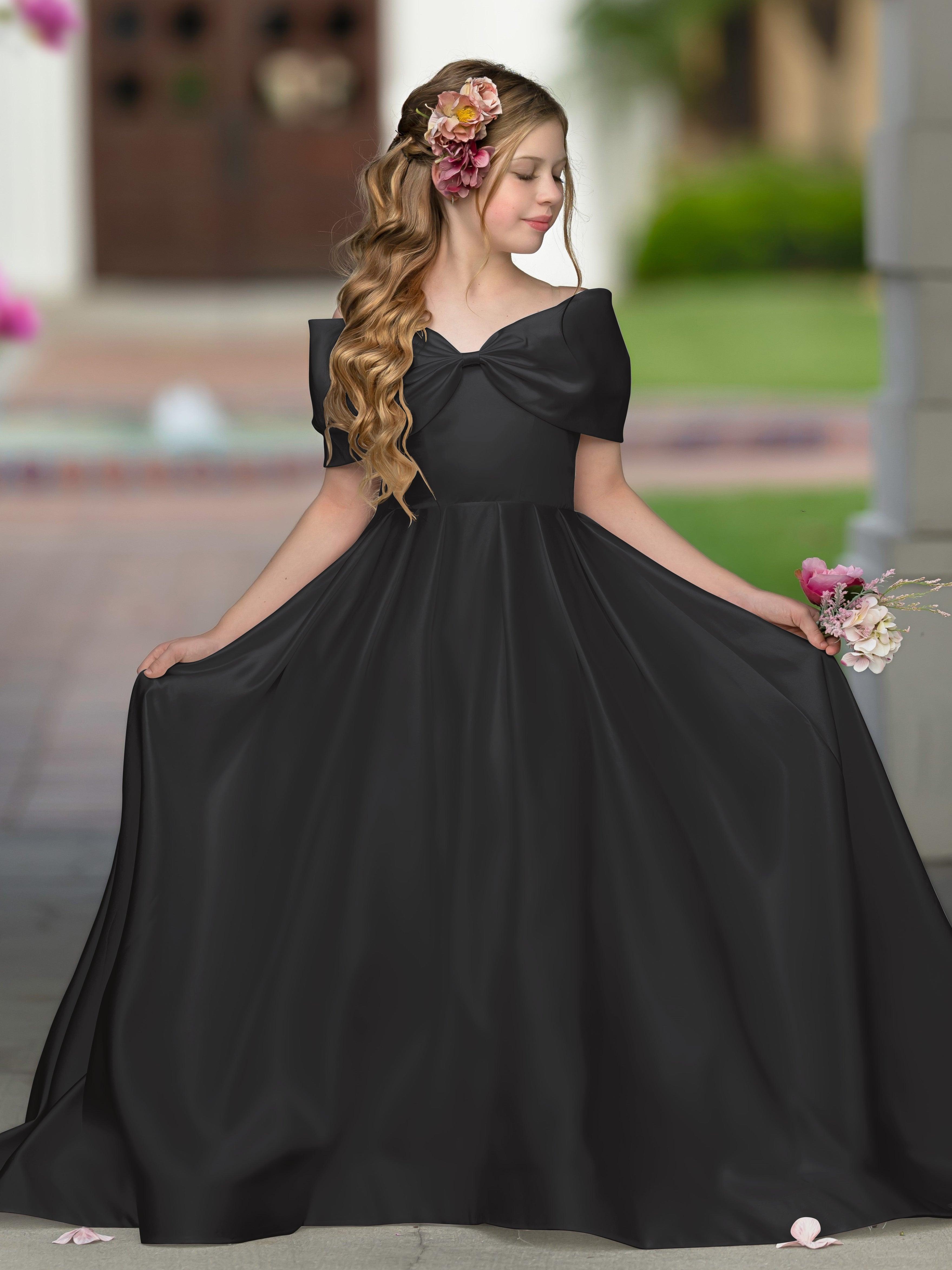 Ivory Satin Flower Girl Princess Ball Gown With Sweep Train And Bow Trim