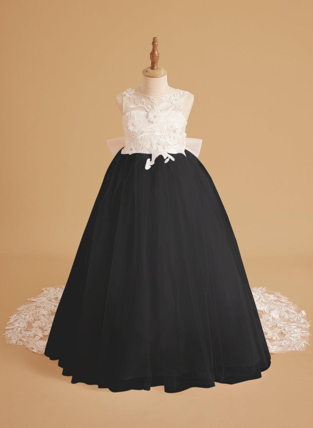 Sleeveless Princess Flower Girl Dress With Detachable Train And Beaded Lace