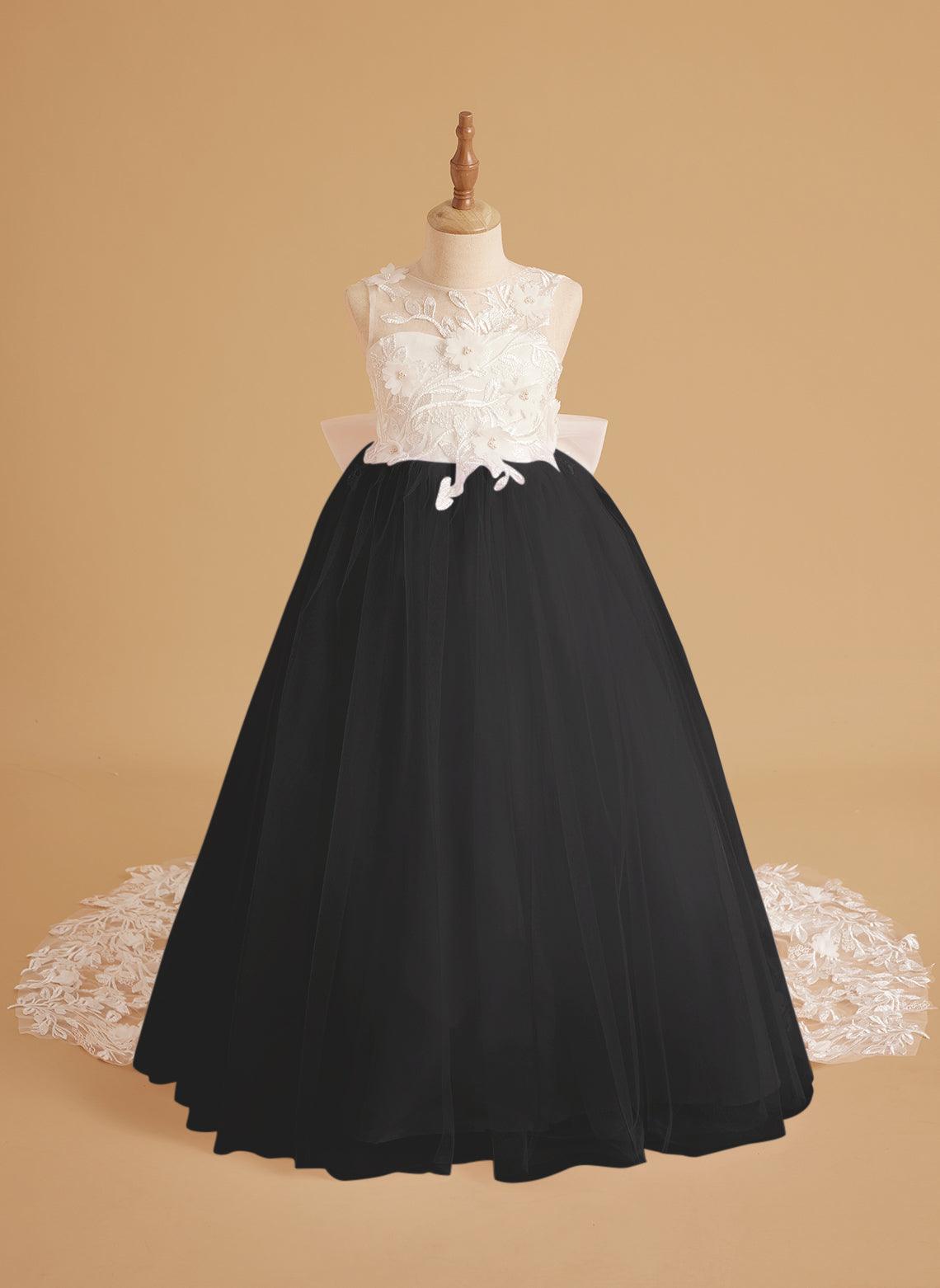 Sleeveless Princess Flower Girl Dress With Detachable Train And Beaded Lace